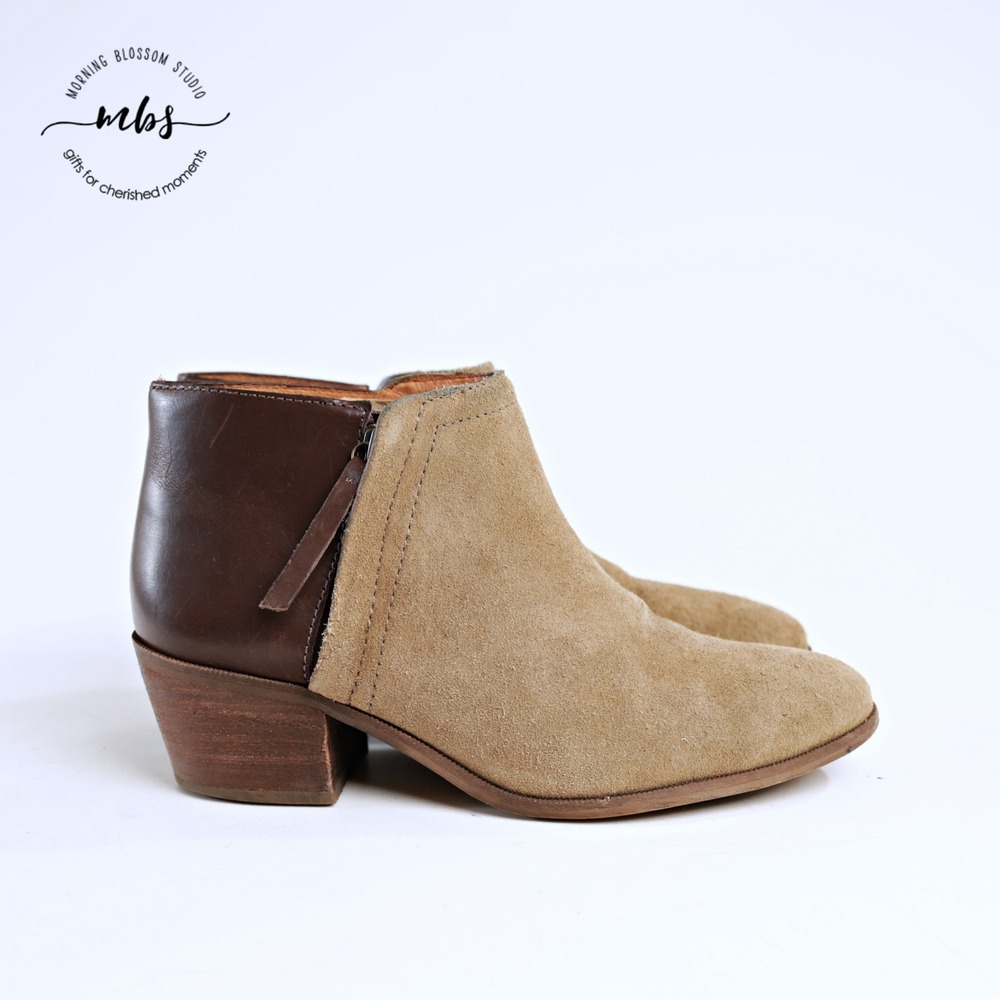 Madewell Cait Two Tone Suede Leather Stacked Heel Booties Brown Tan 7.5